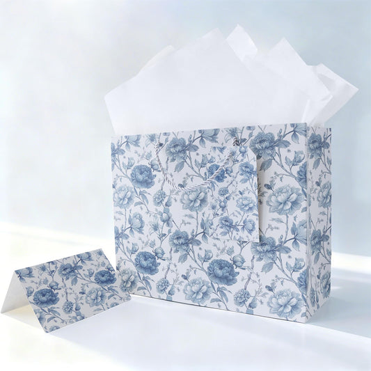 JAYTEM Bridal Shower Gift Bag, 13" Blue and White Large Wedding Gift Bag with Tissue Paper Greeting Card Tag Envelope, Chinoiserie Peony Floral Elegant Gift Bags for Women, Anniversary, Mother's Day, Birthday, Christmas