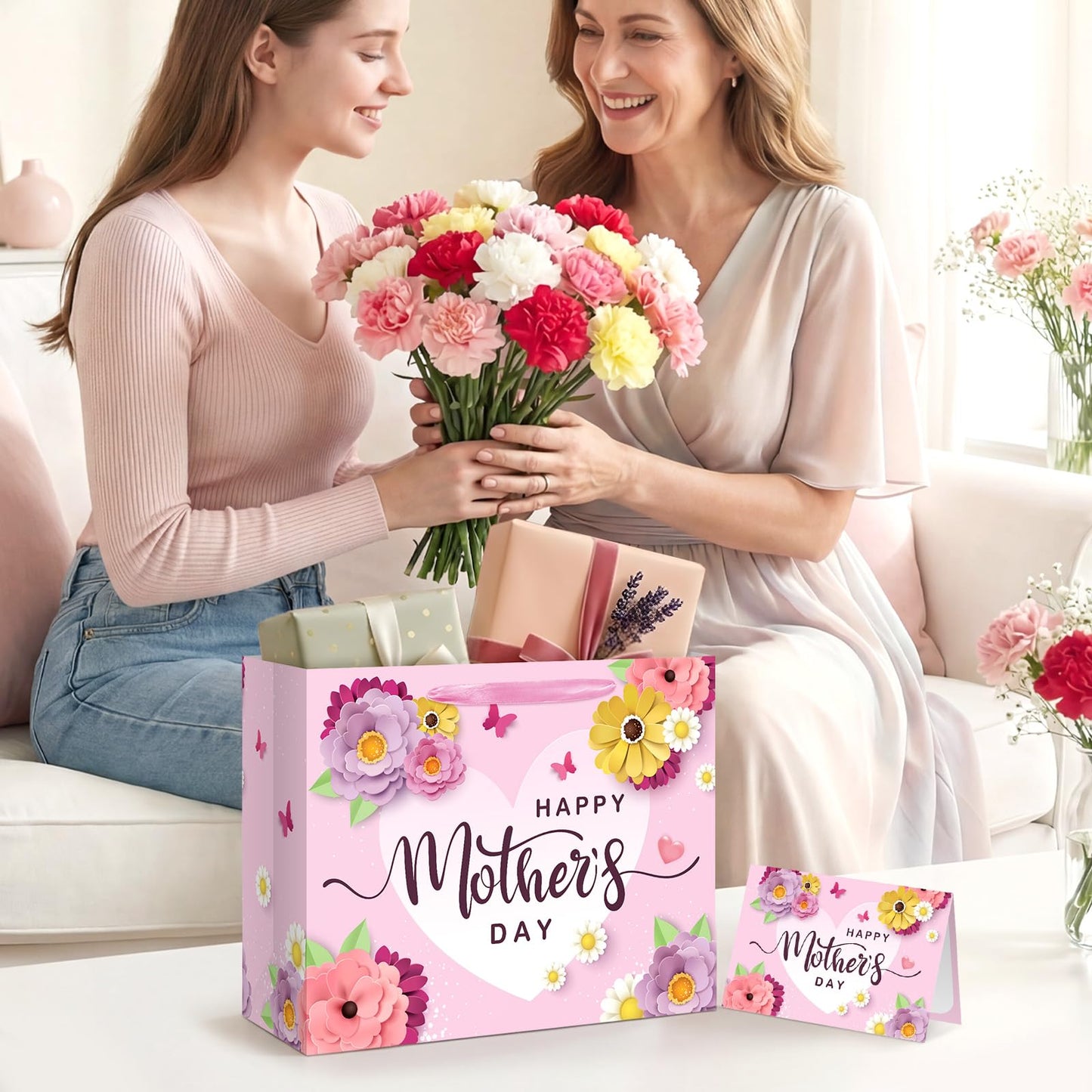 13" Happy Mother's Day Gift Bag with Card and Tissue Paper Large Pink Floral Mom's Party Paper Gift Bag Mom Present Bags with Handle Mother Parties Bags for Happy Mothers Day Party Decorations 1Pcs