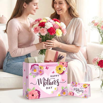 13" Happy Mother's Day Gift Bag with Card and Tissue Paper Large Pink Floral Mom's Party Paper Gift Bag Mom Present Bags with Handle Mother Parties Bags for Happy Mothers Day Party Decorations 1Pcs
