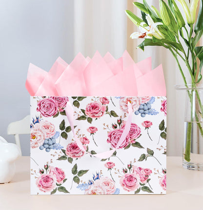 MUNILAIL 13 Inches Large Gift Bag for Women Flower Gift Bag with Handle Tissue Paper and Greeting Card for Birthday Wedding Bridal Shower Party Large Pink Paper Gift Bag