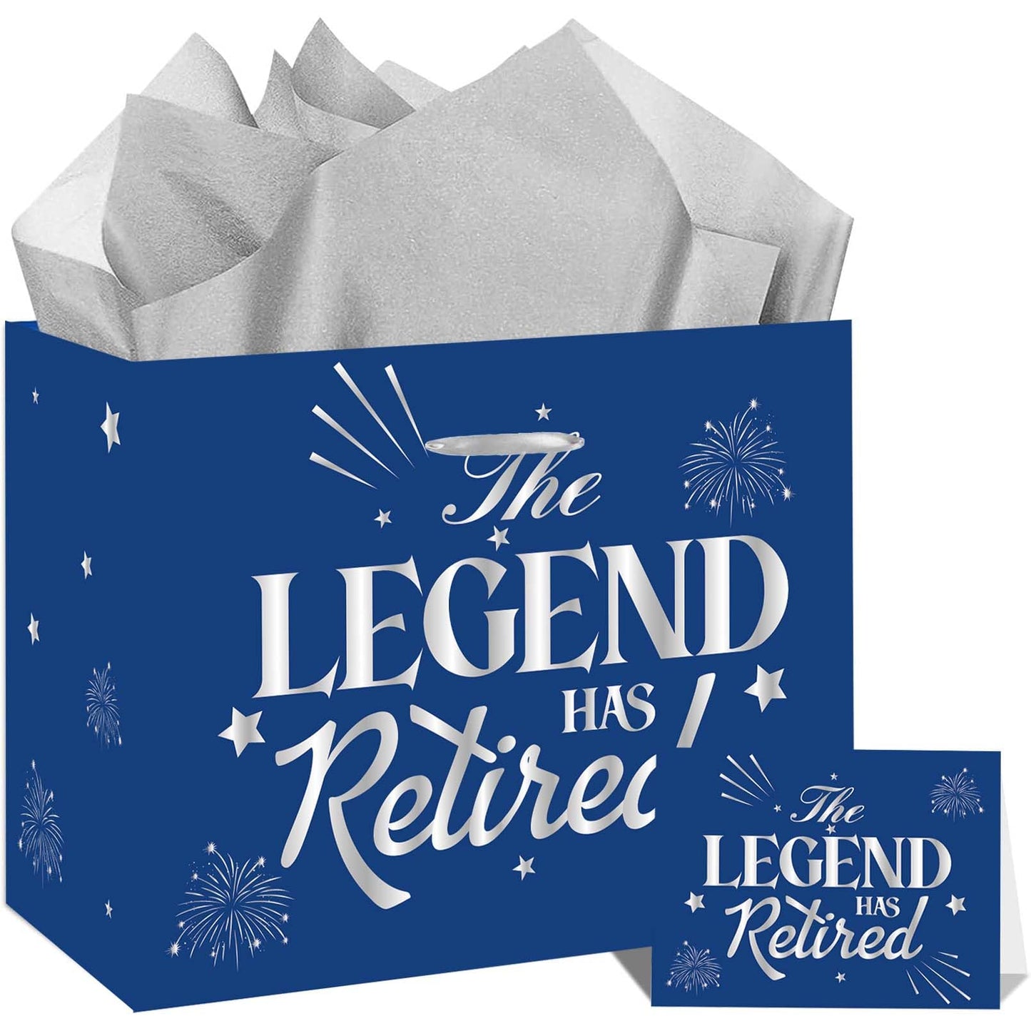 SUNDECO Blue Silver Retirement Gift Bag, Large Happy Retirement Gift Bag with Cards & Tissue Paper, The Legend Has Retired Wrapping Paper for Men, Women, Coworkers, Farewell Going Away Party Decor