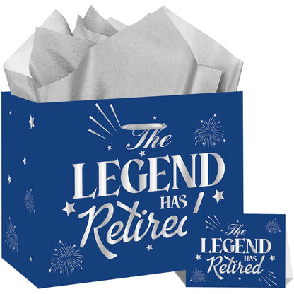 SUNDECO Blue Silver Retirement Gift Bag, Large Happy Retirement Gift Bag with Cards & Tissue Paper, The Legend Has Retired Wrapping Paper for Men, Women, Coworkers, Farewell Going Away Party Decor