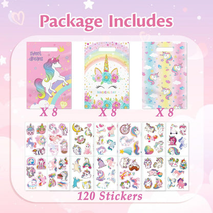 momoake Unicorns Party Favor Bags, 24 PCS Goodie Bgs with 120 Waterproof Vnyl Stickers for Kids Unicorns Birthday Decorations