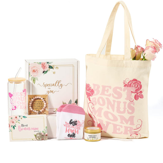 Bonus Mom Birthday Gifts Basket from Daughter Son, Mothers Day Birthday Unique Thank You Gift Set for Step Mom,Mother in Law, New Mom, Stepmother Glass Cup Bag Socks Candle Bracelet Keychain