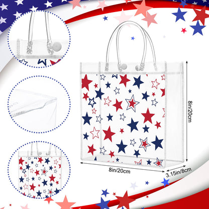 Kosiz 24 Pcs Patriotic Gift Bags Patriotic Party Favors Red White Blue American Star Clear PVC Gift Bags, Memorial Day Independence Day 4th of July with Handle for USA Party Supplies