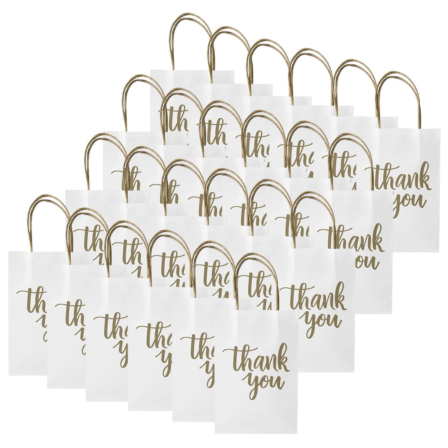 DjinnGlory 100 Pack Small Sized White Thank You Paper Kraft Gift Bags with Handles 9x5.5x3.15 Inch for Business Graduation Birthday Wedding Bridal Baby Shower Party Favors Goodies