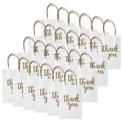 DjinnGlory 100 Pack Small Sized White Thank You Paper Kraft Gift Bags with Handles 9x5.5x3.15 Inch for Business Graduation Birthday Wedding Bridal Baby Shower Party Favors Goodies