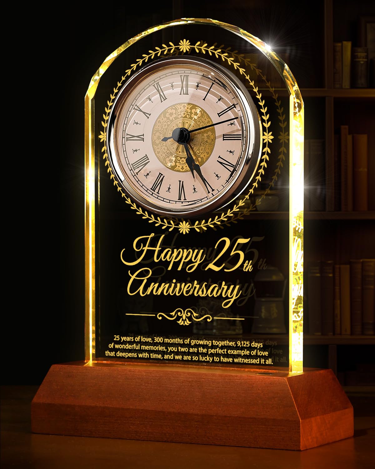 25th Wedding Anniversary Crystal Quartz Clock with Wooden Light Base,25 Years of Marriage Gift,Happy Silver Anniversary Decoration Gift,for Parents,Grandparents,Couple