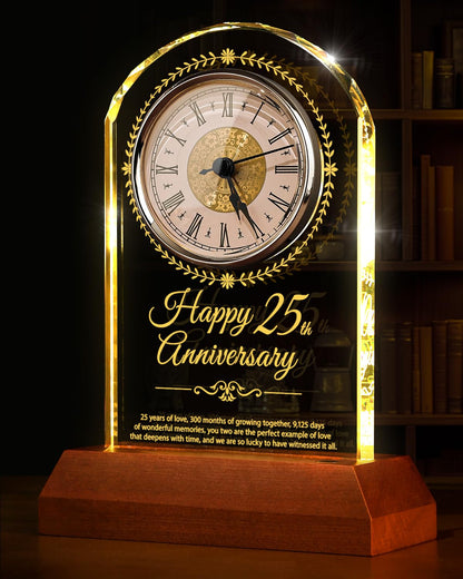 25th Wedding Anniversary Crystal Quartz Clock with Wooden Light Base,25 Years of Marriage Gift,Happy Silver Anniversary Decoration Gift,for Parents,Grandparents,Couple