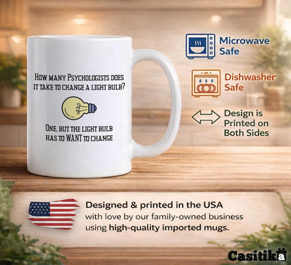 Casitika Psychology Gifts. 11 oz White Ceramic Psychologist Coffee Mug. Funny Psychiatrist or Psychologists Light Bulb Joke.