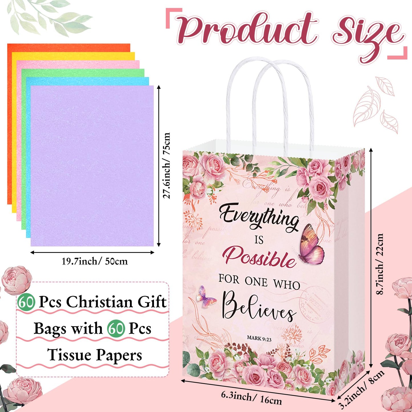 Pasimy 120 Pcs Christian Gift Bags Sets with 60 Religious Floral Bags and 60 Tissue Paper Floral Mother's Day Goody Bag Christian Bible Verse Gift Bag for Women Teacher Mother's Day Birthday Party