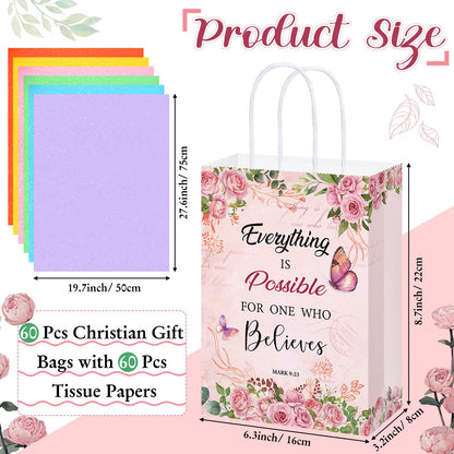 Pasimy 120 Pcs Christian Gift Bags Sets with 60 Religious Floral Bags and 60 Tissue Paper Floral Mother's Day Goody Bag Christian Bible Verse Gift Bag for Women Teacher Mother's Day Birthday Party
