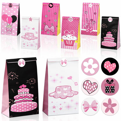 Motiskyy 30 Pcs Pink Mouse Birthday Party Favor Bag with Stickers 8.66" x 4.72" Goodie Bags Gift Bag Paper for Pink Mouse Theme Birthday Decorations Candy Snack Giving Party Supplies, 6 Style