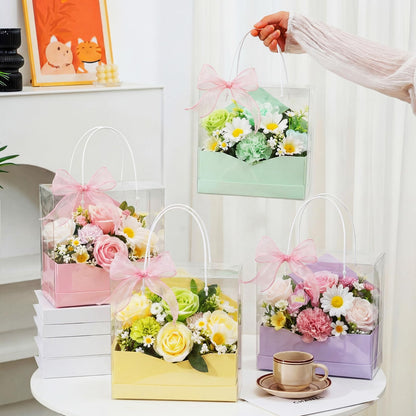 Resurhang 8 Set Flower Gift Boxes for Arrangement Mother's Day Flower Bags with Envelope Gift Boxes Clear plastic Bags with Handle Ribbon for Mom Wedding Bridal Shower Anniversary Floral Arrangement