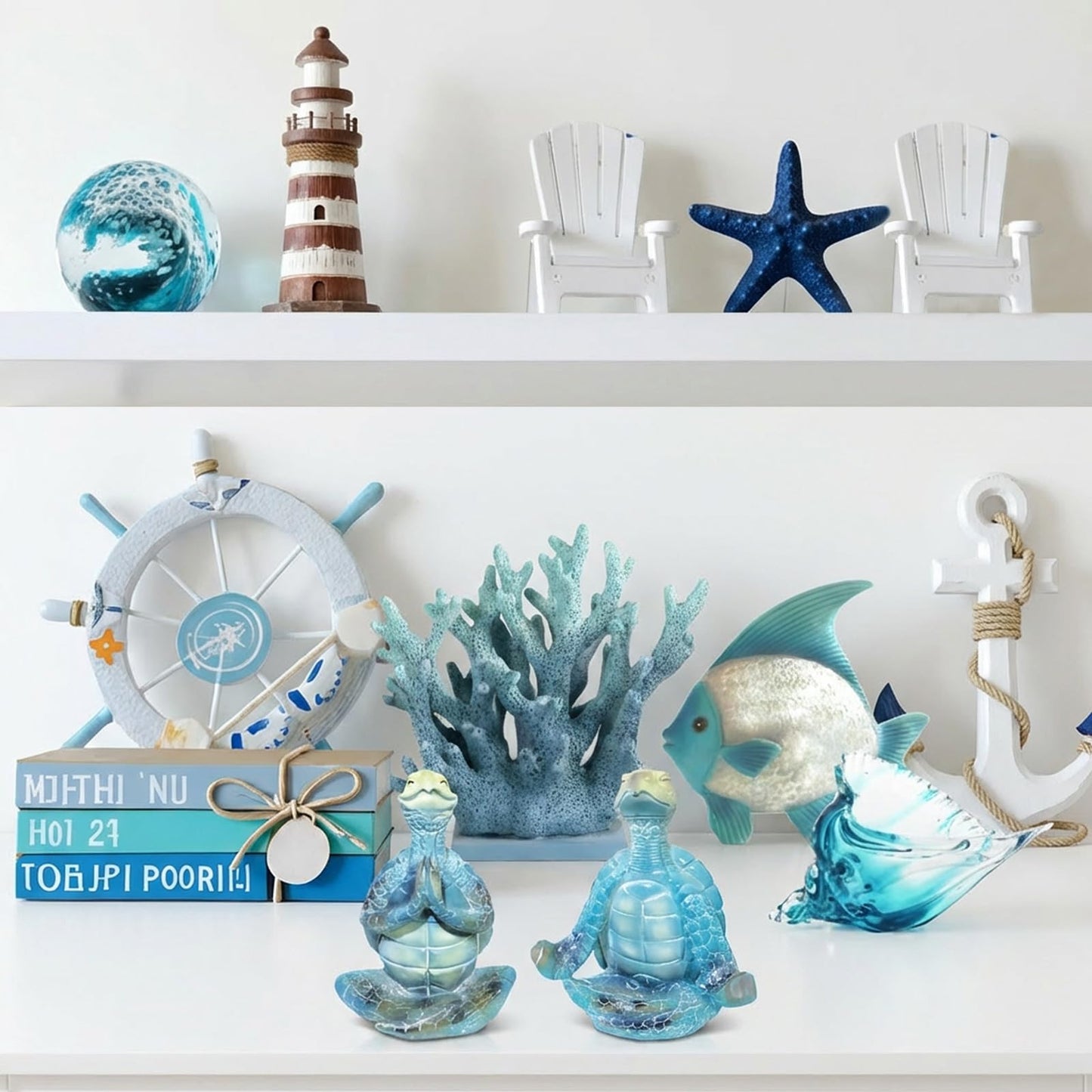 2-Pack Yoga Sea Turtle Figurines - Resin Meditation Desk Statue Decor with Non-Slip Base Zen Ocean Theme Table Shelf Sculptures Beach Bathroom Office Decoration Gifts for Women Turtle Lovers
