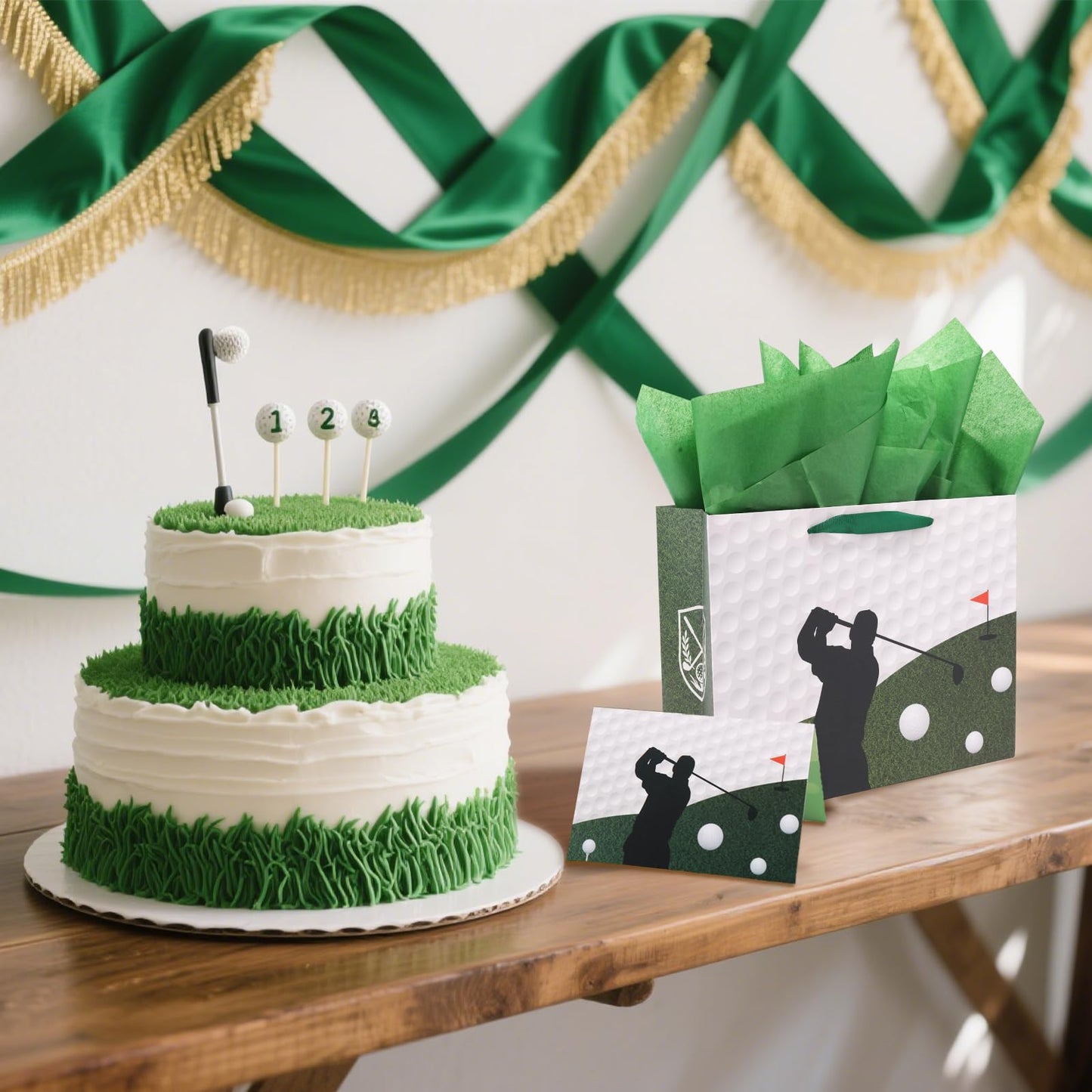 Golf Birthday Gift Bag, Golf Themed Green Gift Wrapping Bag with Tissue Paper and Greeting Card for Men Kids Sports Themed Birthday Party Decor Supplies