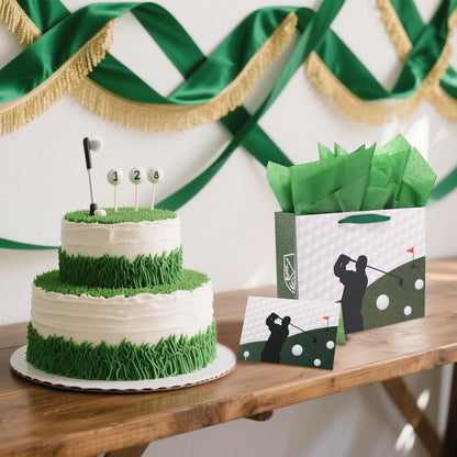 Golf Birthday Gift Bag, Golf Themed Green Gift Wrapping Bag with Tissue Paper and Greeting Card for Men Kids Sports Themed Birthday Party Decor Supplies