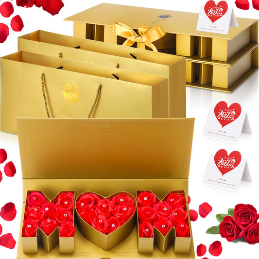 Ctosree 2 Sets Mother's Day Mom Flower Gift Box with 18'' x 7.7'' x 2.7'' Empty MOM Letter Shaped Box Gift Bags Greeting Cards for Mother's Day Birthday Flower and Arrangements(Gold)