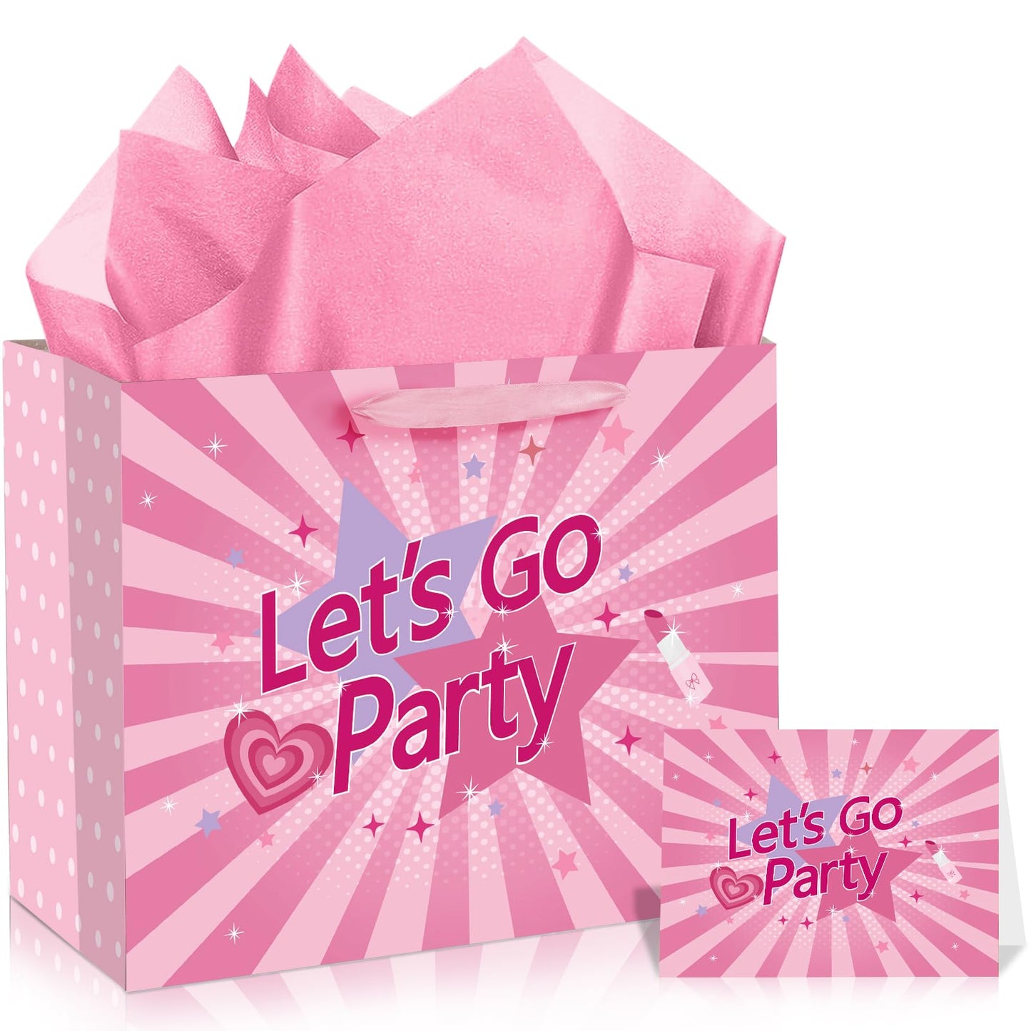 Hot Pink Gift Bag Lets Go Party Supplies Valentines Pink Wrapping Bag with Greeting Card and Tissue Paper Bachelorette Party Decorations for Girls Princess Bridal Shower Birthday Party Supplies