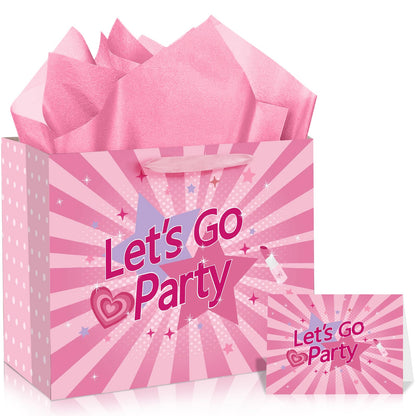 Hot Pink Gift Bag Lets Go Party Supplies Valentines Pink Wrapping Bag with Greeting Card and Tissue Paper Bachelorette Party Decorations for Girls Princess Bridal Shower Birthday Party Supplies