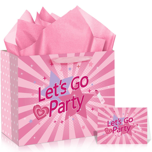 Hot Pink Gift Bag Lets Go Party Supplies Valentines Pink Wrapping Bag with Greeting Card and Tissue Paper Bachelorette Party Decorations for Girls Princess Bridal Shower Birthday Party Supplies