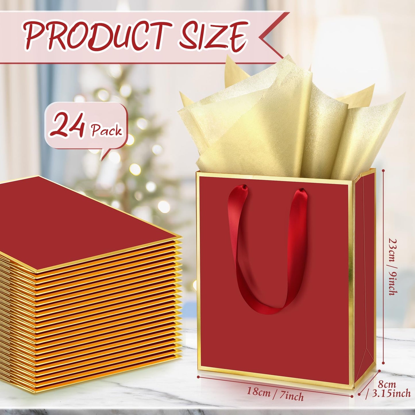 Yeaqee 24 Pack Metallic Paper Gift Bags with Handle and Tissue 9x7x3.1 Gold Foil Welcome Thank You Favor Bags Return Gifts for Wedding Mothers Graduation Bridesmaid Birthday(Burgundy Red and Gold)