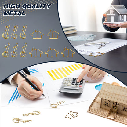 Gueevin 102 Pack Real Estate Agent Supplies, 50 House Shaped Paper Clips and 50 Key Shaped Wire Clips with 2 Clear Storage Boxes, Cute Office Gifts for Real Estate, Home, Classroom(Gold)