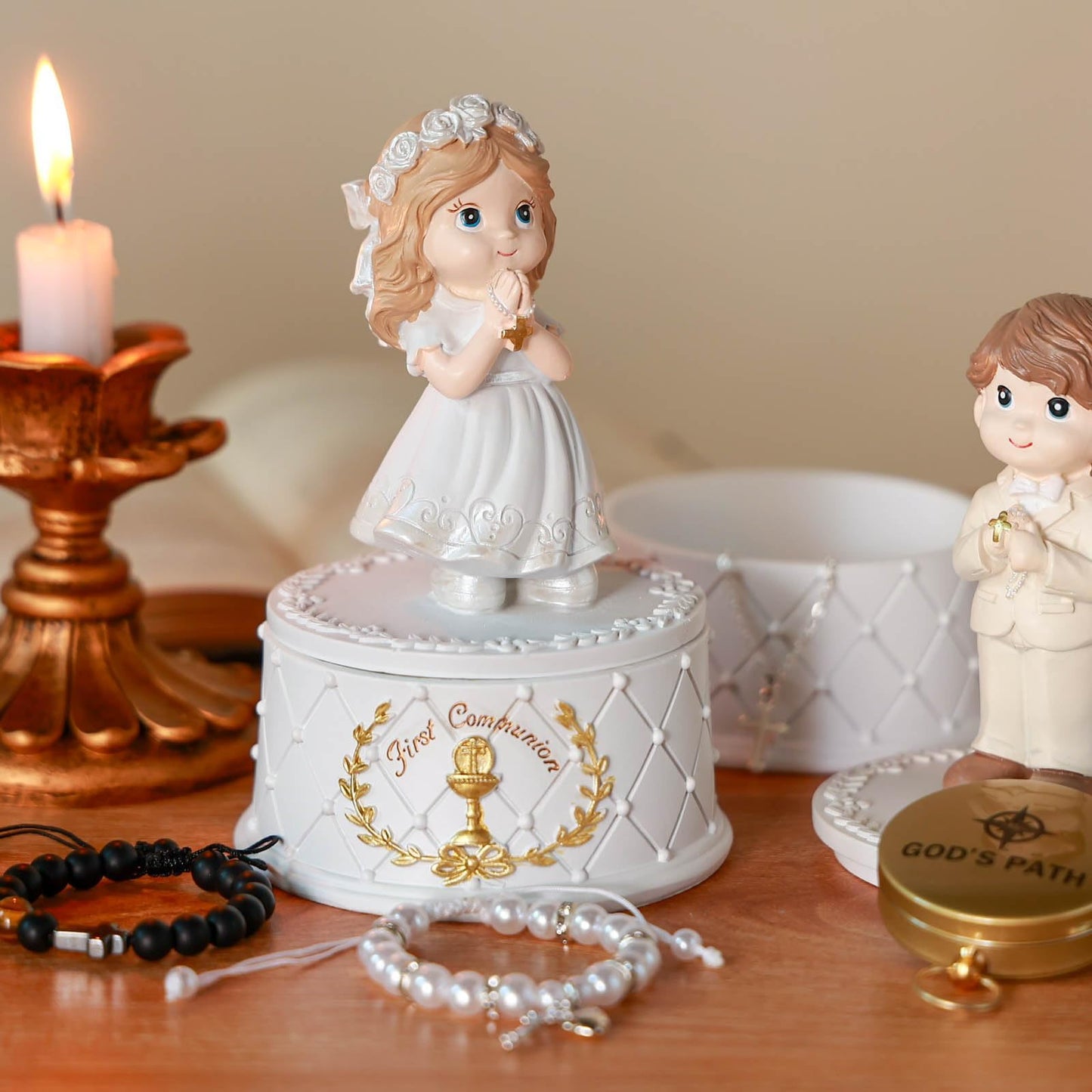 First Communion Gifts for Girls- First Holy Girl Figurine with Keepsake Box & Flower Girl Headpiece & Cross Necklace & Cross Bracelet Included, 1st Communion Gifts for Girls
