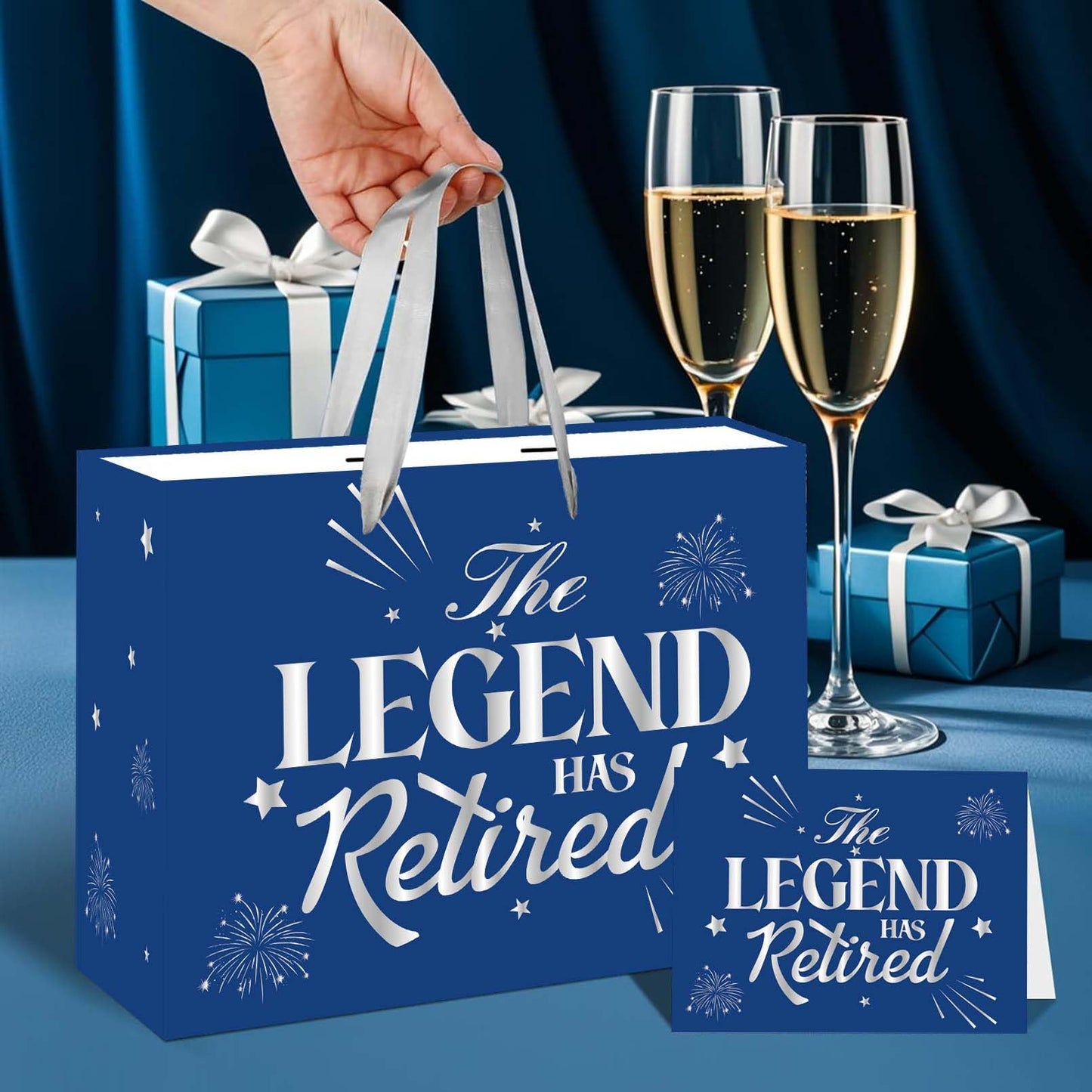 SUNDECO Blue Silver Retirement Gift Bag, Large Happy Retirement Gift Bag with Cards & Tissue Paper, The Legend Has Retired Wrapping Paper for Men, Women, Coworkers, Farewell Going Away Party Decor