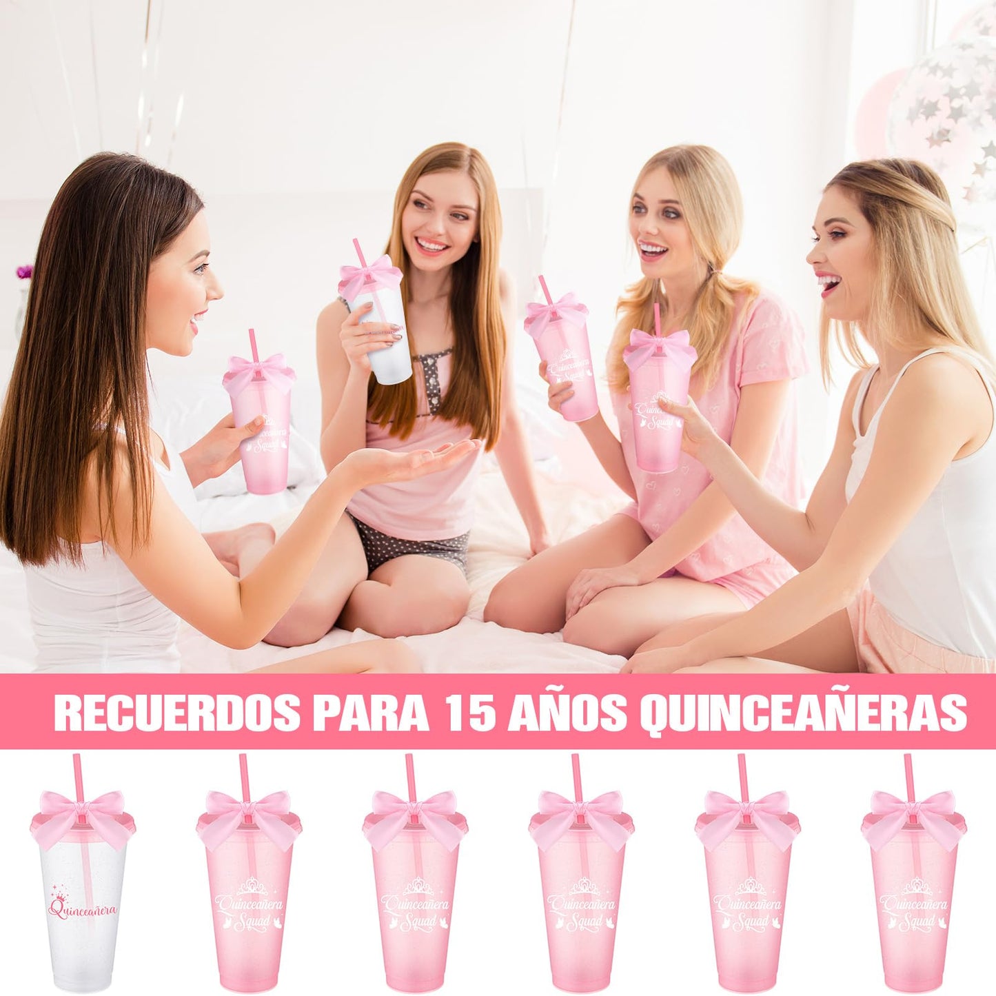 Jingmore 6 Pcs Quinceanera Party Favors for Guests 15th Quinceañera Squad Reusable Tumbler with Straw Lid Twist Bow 24 oz Spanish Gift 15 Birthday Party Thank You Gifts (Pink)