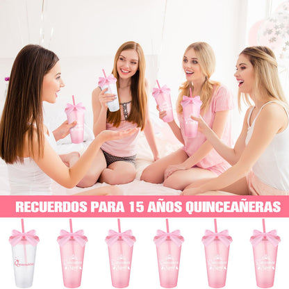 Jingmore 6 Pcs Quinceanera Party Favors for Guests 15th Quinceañera Squad Reusable Tumbler with Straw Lid Twist Bow 24 oz Spanish Gift 15 Birthday Party Thank You Gifts (Pink)