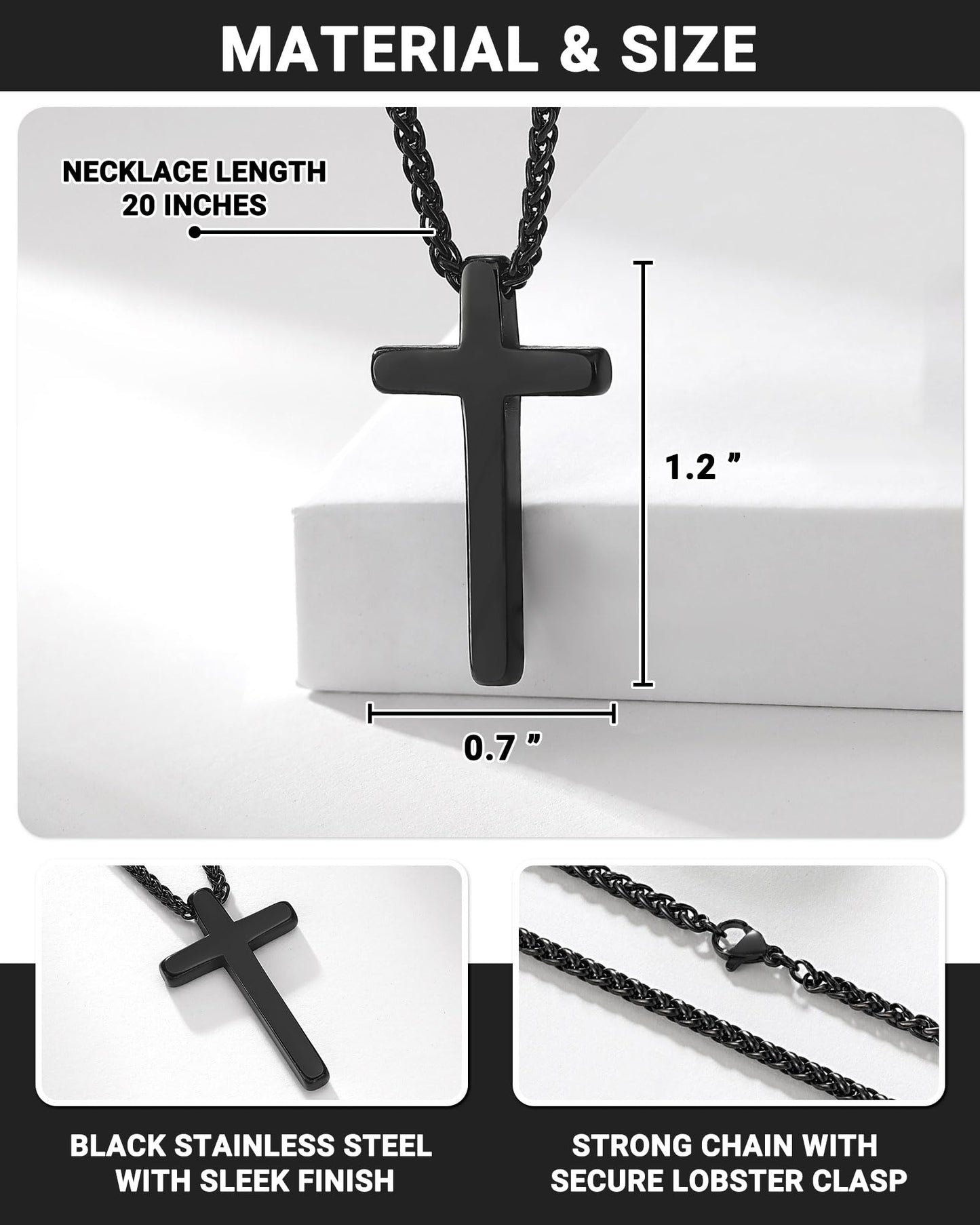 Birthday Gift Black Cross Necklace for Boys 8–21 Years Old with Joshua 1:9 Bible Verse