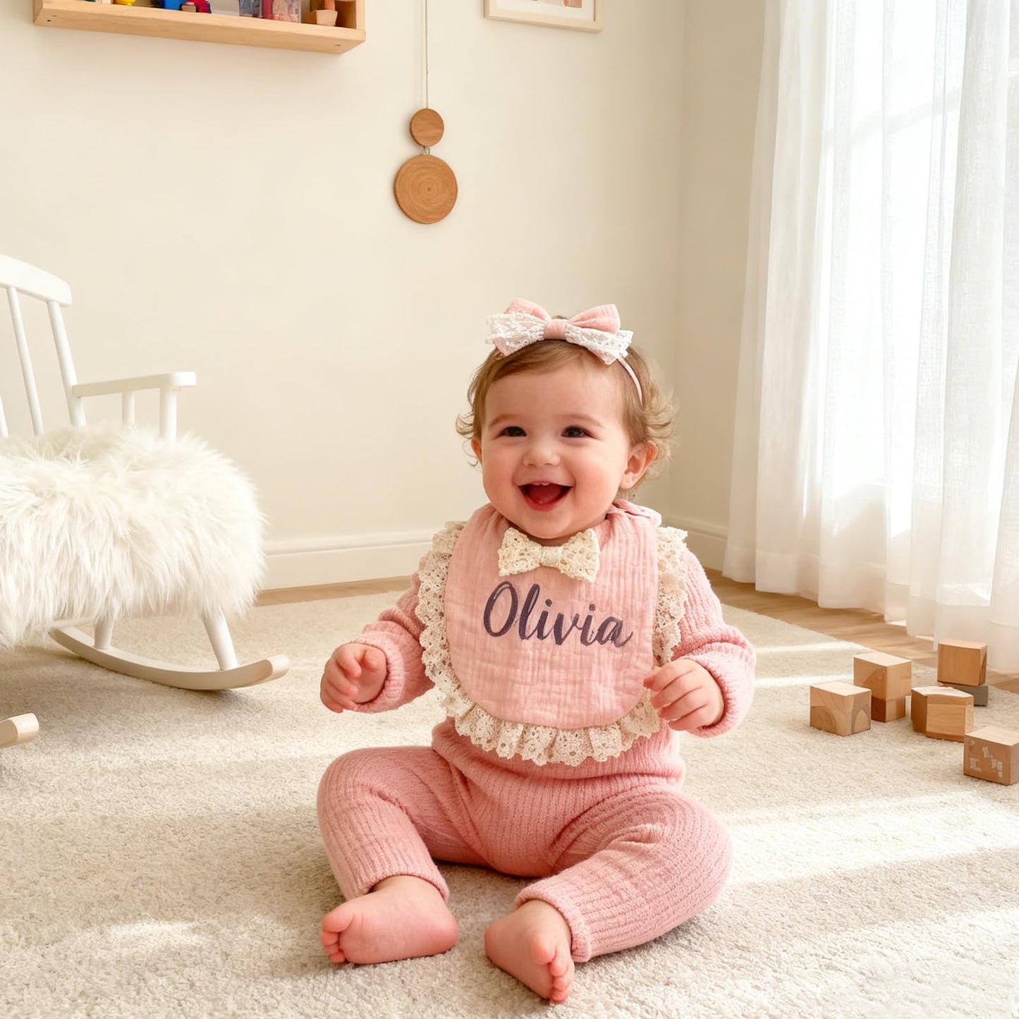 Personalized Muslin Baby Bibs Set with Name,Custom Soft Cotton Drool Bibs for Baby Girl,Teething Drooling Adjustable Bib for Newborn Toddler,Cute Bibs&Bows Gifts for Baby Shower, Birthday, Christmas