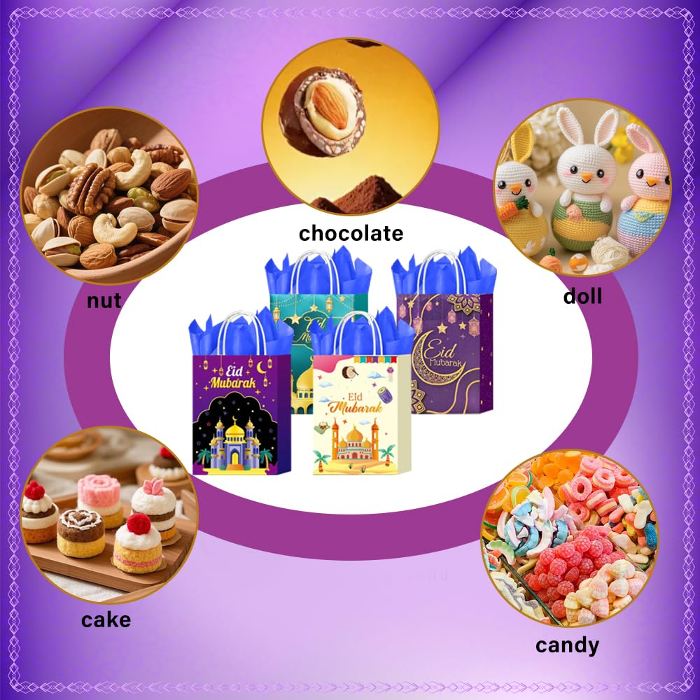 CMSSHUAI 12 Pcs Eid Mubarak Gift Bags, Ramadan Gift Bags Paper Eid Goody Bags with Handles Ramadan Treat Party Favors Supplies Eid Party Decoration