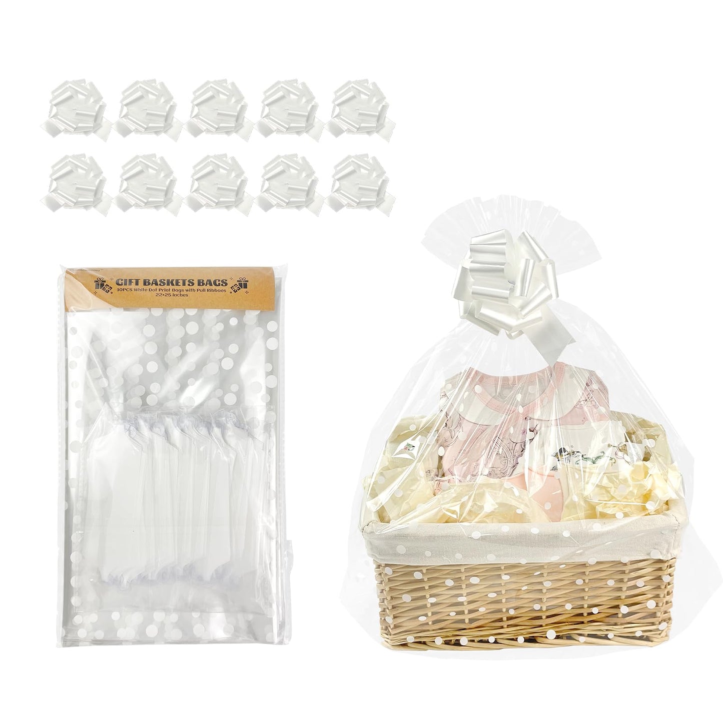 EKAPACKAGING 22x25 Inches 10 Pcs Large Cellophane Bags for Gift Baskets, Plastic Gift Basket Wrapping with Pull Ribbons, Clear Cellophane Gift Bags for Party, Mother’s Day, Baby Showers, Christmas