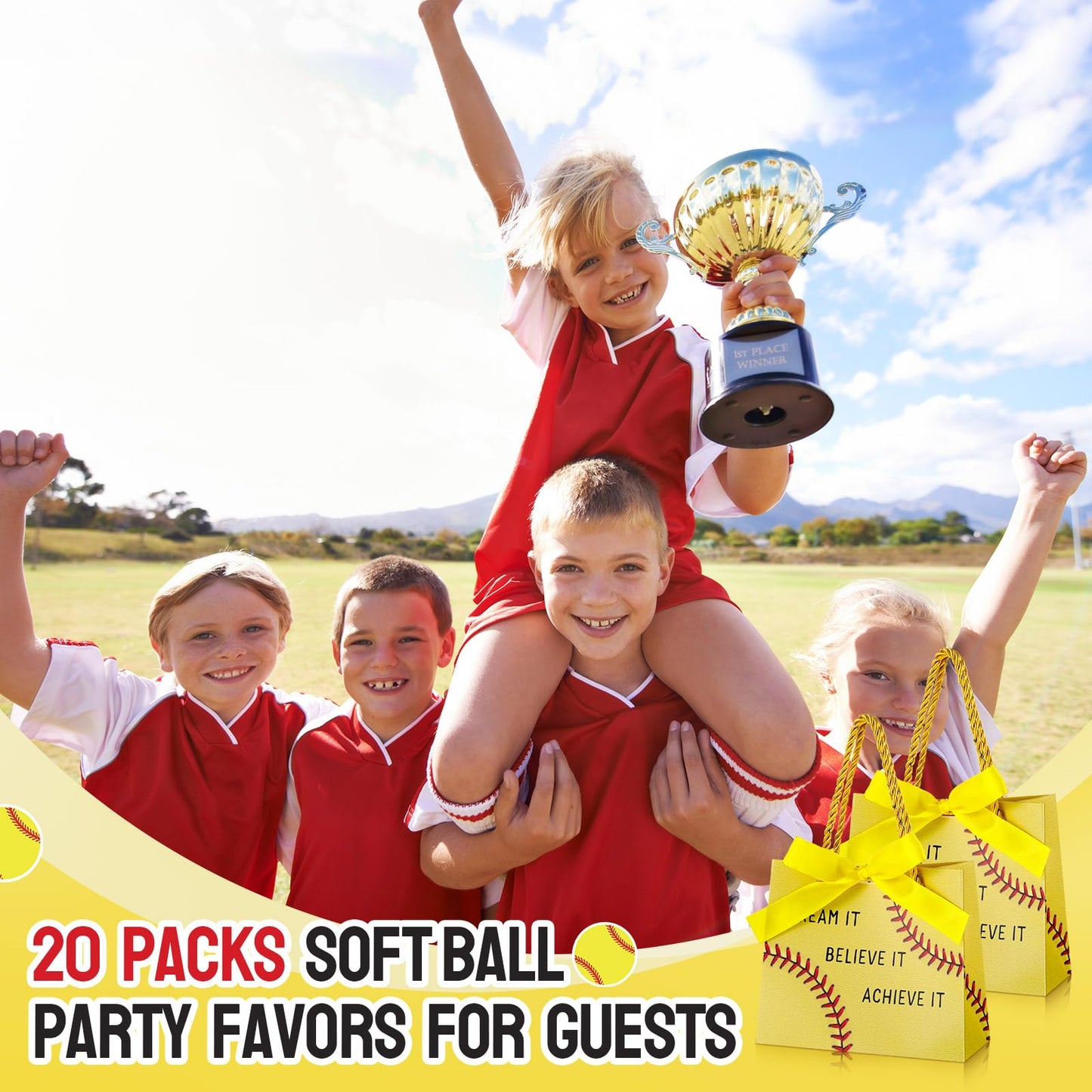 Marspark 20 Pcs Softball Graduation Party Gift Bags with Handle Ribbon Softball Goodie Treat Bags 5.5 x 4.7 x 2.3'' Inspirational Sports Theme Handbags End of Year Gift for Sports Birthday Classroom