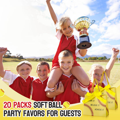 Marspark 20 Pcs Softball Graduation Party Gift Bags with Handle Ribbon Softball Goodie Treat Bags 5.5 x 4.7 x 2.3'' Inspirational Sports Theme Handbags End of Year Gift for Sports Birthday Classroom