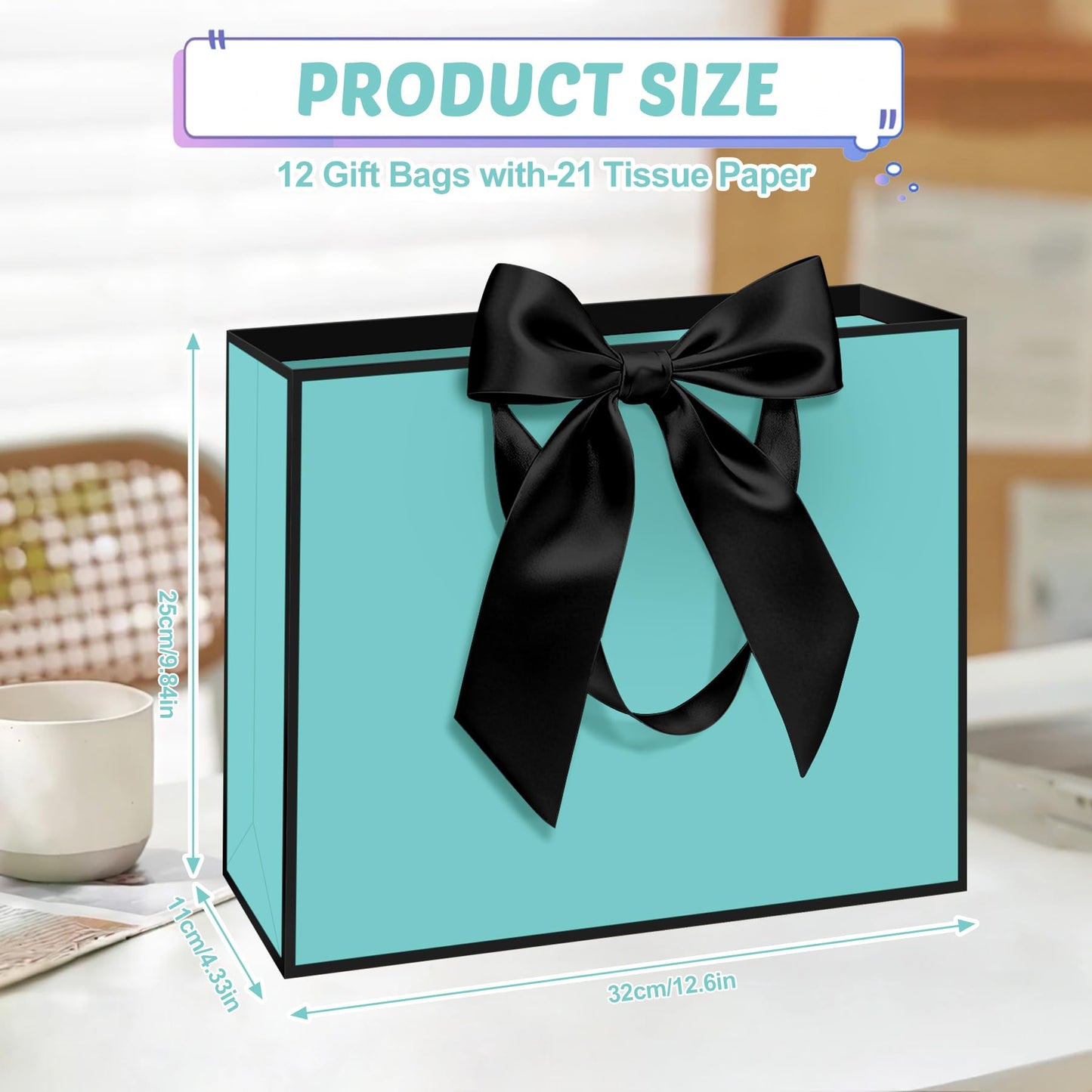 Patdefie 12 Pack Teal Gift Bags with Handle 12.5x10x4.3 inch Thank You Favor Welcome Bags Return Gifts for Wedding Mothers Graduation Baby Shower Birthday Thanksgiving(teal balck)
