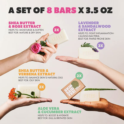 Skin Said Yes Organic Soap Bar (Pack of 8) - Natural Soap Made in Greece | Tripple Milled | Nuorishing Shea Butter, Olive Oil, Lavander and Sandalwood, Aloe Vera & Cucumber Extract