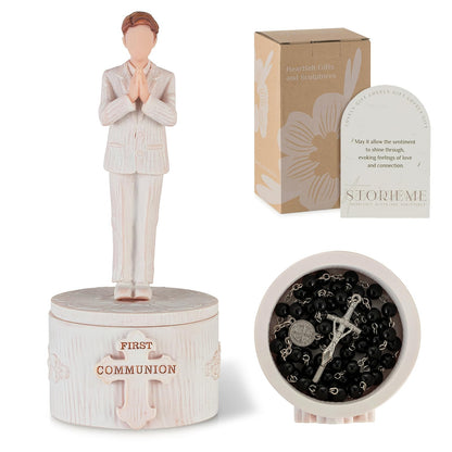 Storieme First Communion Gifts for Boys: 1st Holy Communion Decorations Keepsake Box with Rosary Cross Bracelet - Christian Religious Catholic Present for Baptism Confirmation