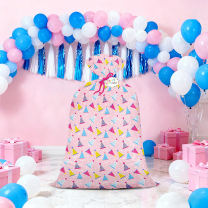 WRAPAHOLIC 56" Extra Large Birthday Plastic Gift Bag - Pink Party Hat Jumbo Bike Bag Gift Wrap for Women Girls Birthday, Baby Shower, Wedding, Bridal Shower - 56" H x 36" W