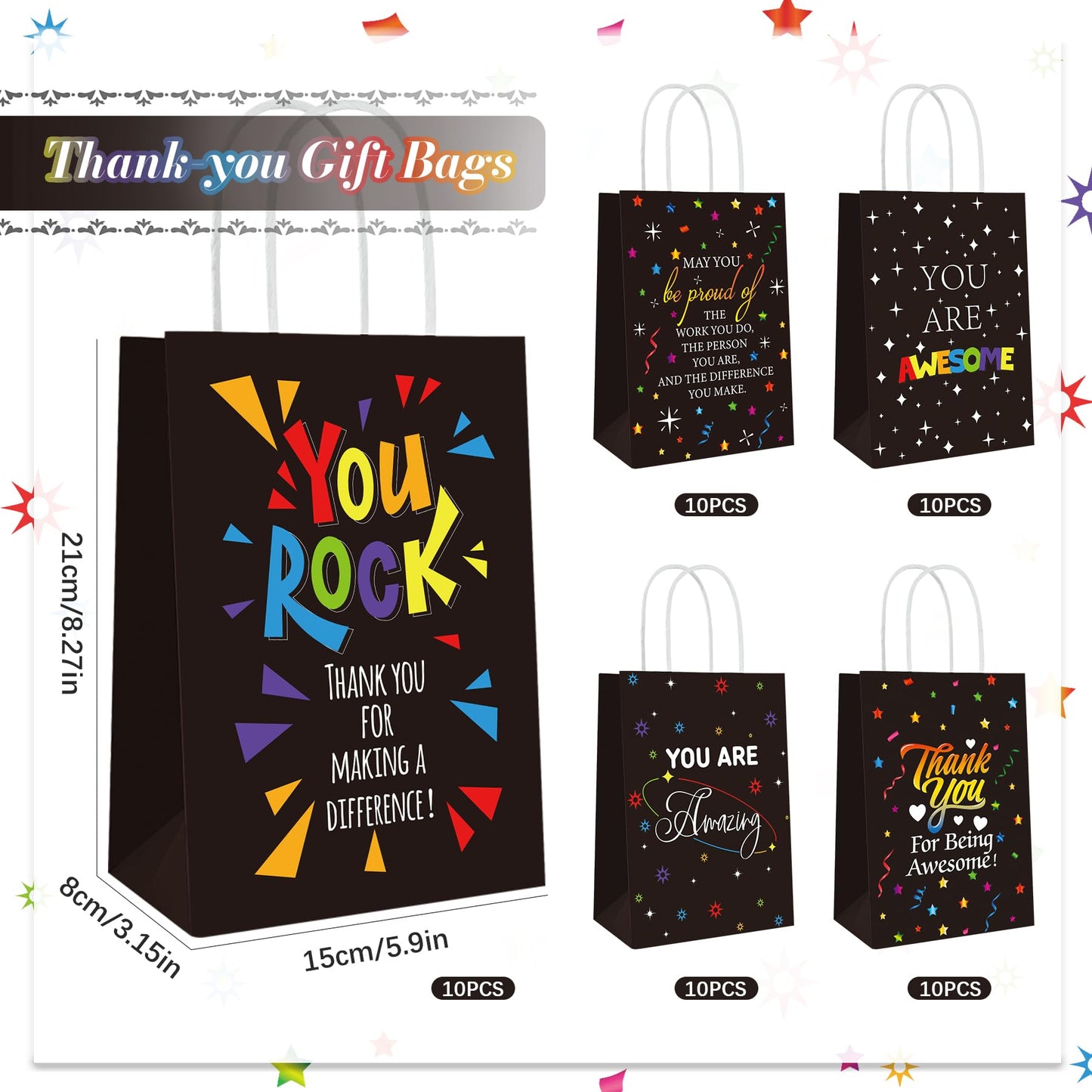 50 Pcs Thank You Gift Bags Team Employee Appreciation Gifts Bulk, Motivational Inspirational Paper Goodie Bags for Coworker Teacher Nurse Colleague Holiday Party Favor Supplies (Confetti Streamers)