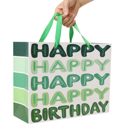 Qirrmiy 13'' Large Green Happy Birthday Gift Bag Set with Handles, Greeting Card, Tissue Papers and Stickers for Women Girls Men Boys Kids Teens, Words Design, 1 Pcs