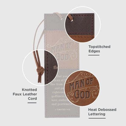 Christian Art Gifts Premium Inspirational Scripture Vegan Leather Bookmark for Men: Man of God Encouraging Bible Verse, Knotted Cord, Gold Text, Sturdy Slim Book Reading Accessory, Light & Dark Brown