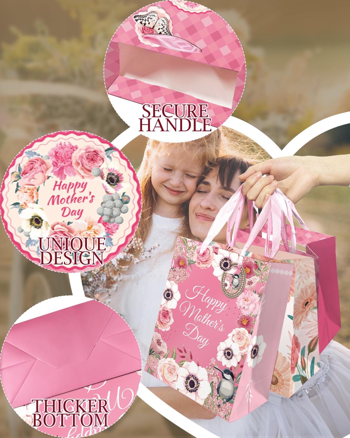 qiqee Mother's Day Gift Bags 4Pcs with Tissue Paper -7.9"x4.3"x9.6" Medium Size Cardboard Gift Bags（4pcs Bags +8pcs Tissue Paper ）