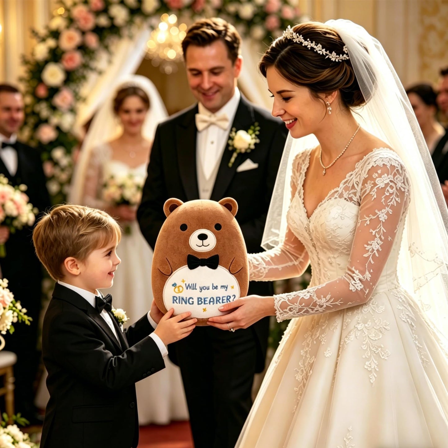 Teddy Bear Stuffed Animal - Will You Be My Ring Bearer,Cute Brown Ring Bearer Bear Plush Toy for Boy, Ring Bearer Proposal Gifts from Bride Groom for Wedding Proposal Anniversary Party