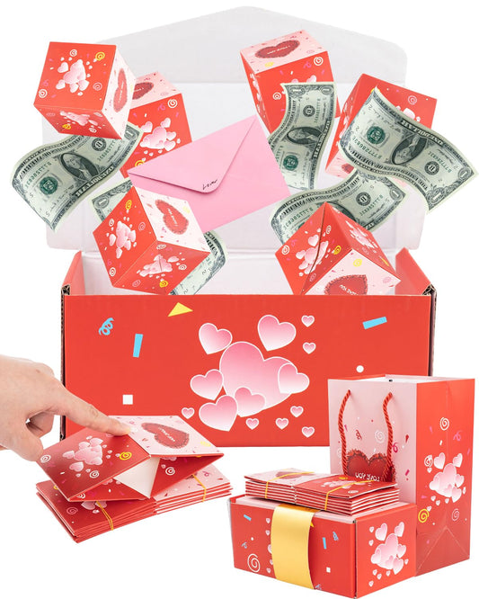 ASSRECT Exploding Gift Box Valentine's Day, Birthday Surprise Box Pop Up with 12 Money Holders, ReusableDate Gift Box for Mom Father Wife Friend Valentine's Day, Confession, Proposal, Cash, Gifts, Birthday, Party supplies (Pink)