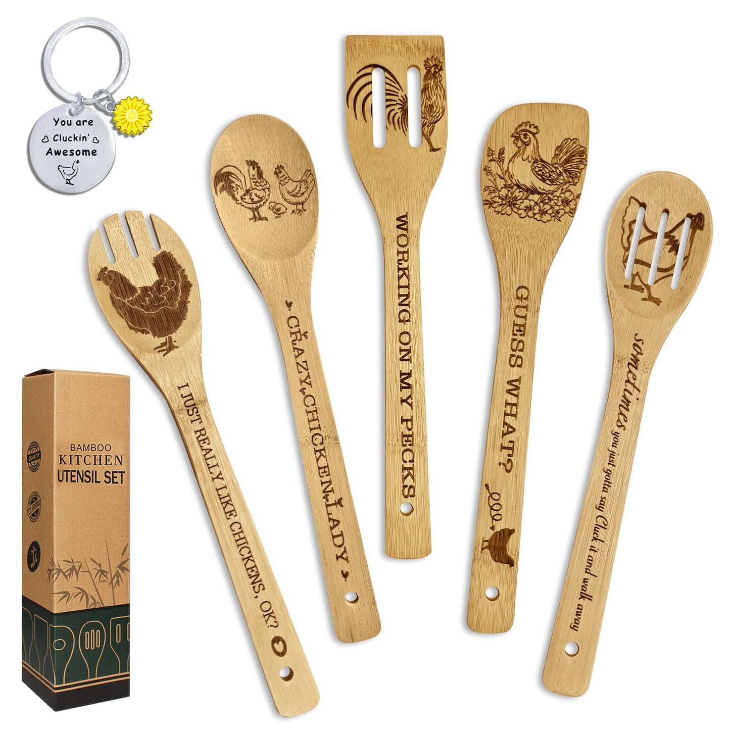 Chicken Gifts for Women, 6PCS Unique Chicken Print Bamboo Spoons Gifts Set with Keychain, Chicken Decor Kitchen Stuff for Mother's Day Sister