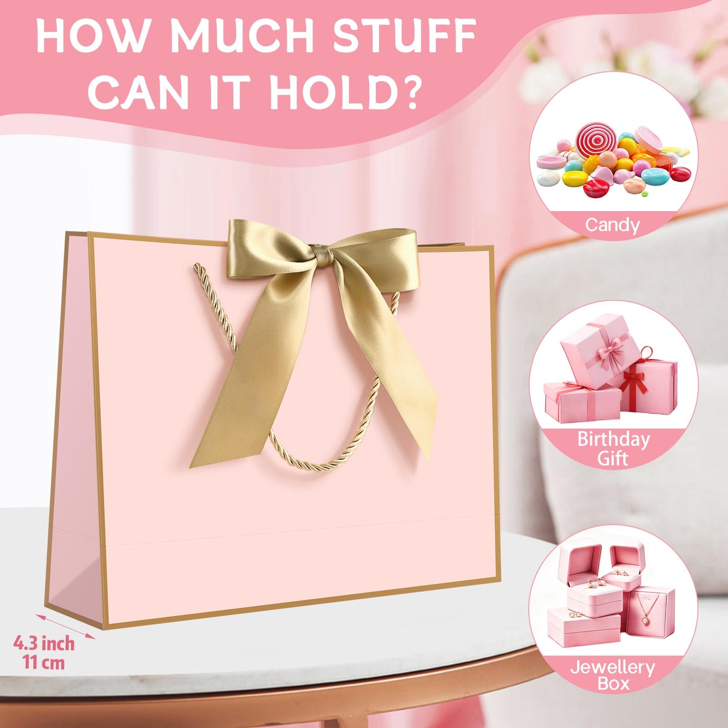 JMANNI Pink Gift Bags with Handles, 13” Medium Gift Bag for Presents, 1 Pcs Bags with 2 Tissue Paper and 1 Cards for Baby Shower Wedding Bridal Shower Mother's Day Birthday Party (Pink Golden)