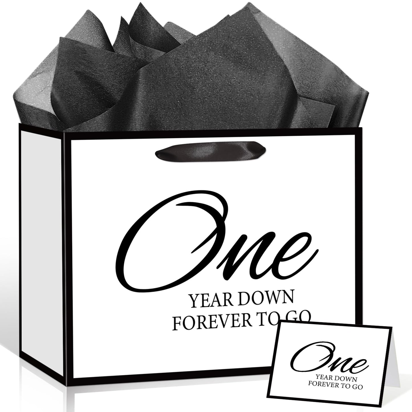 TagreSpike 1st Anniversary Paper Gift Bag with Tissue Paper and Card - Large One Year Down Forever to Go Wrapping Bag - Black and White Paper Anniversary Party Supplies for Husband Wife